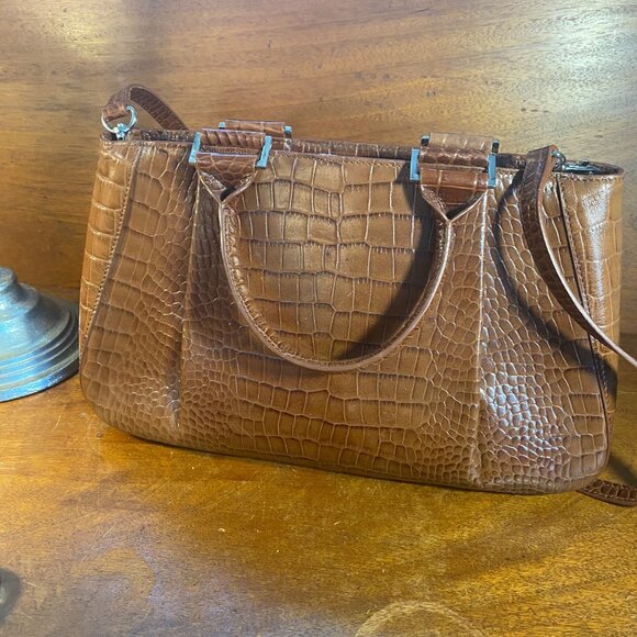 Etienne Aigner Brown Crocodile-Embossed Genuine Leather Handbag With Dual Handle - Picture 1 of 10